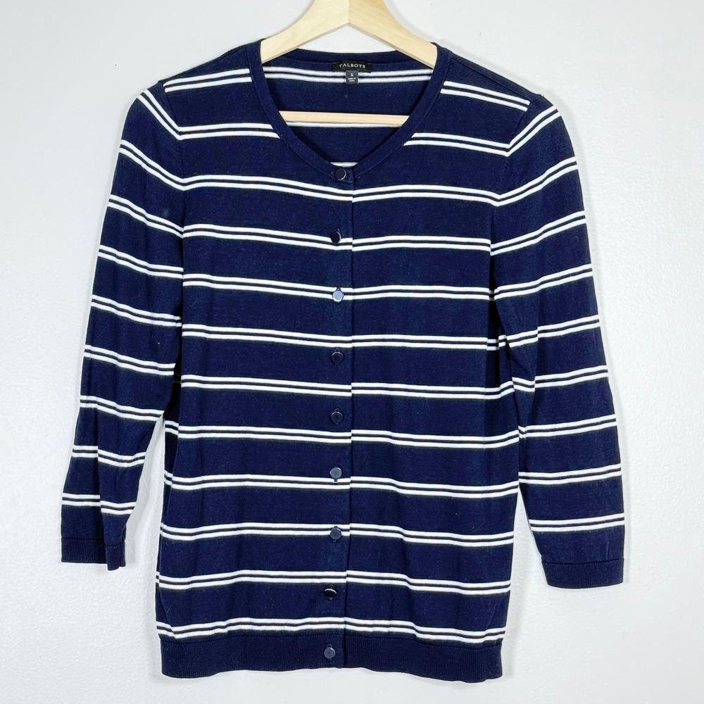 Talbots Womens Cardigan Size S Navy Blue White Striped Button Front Preppy
